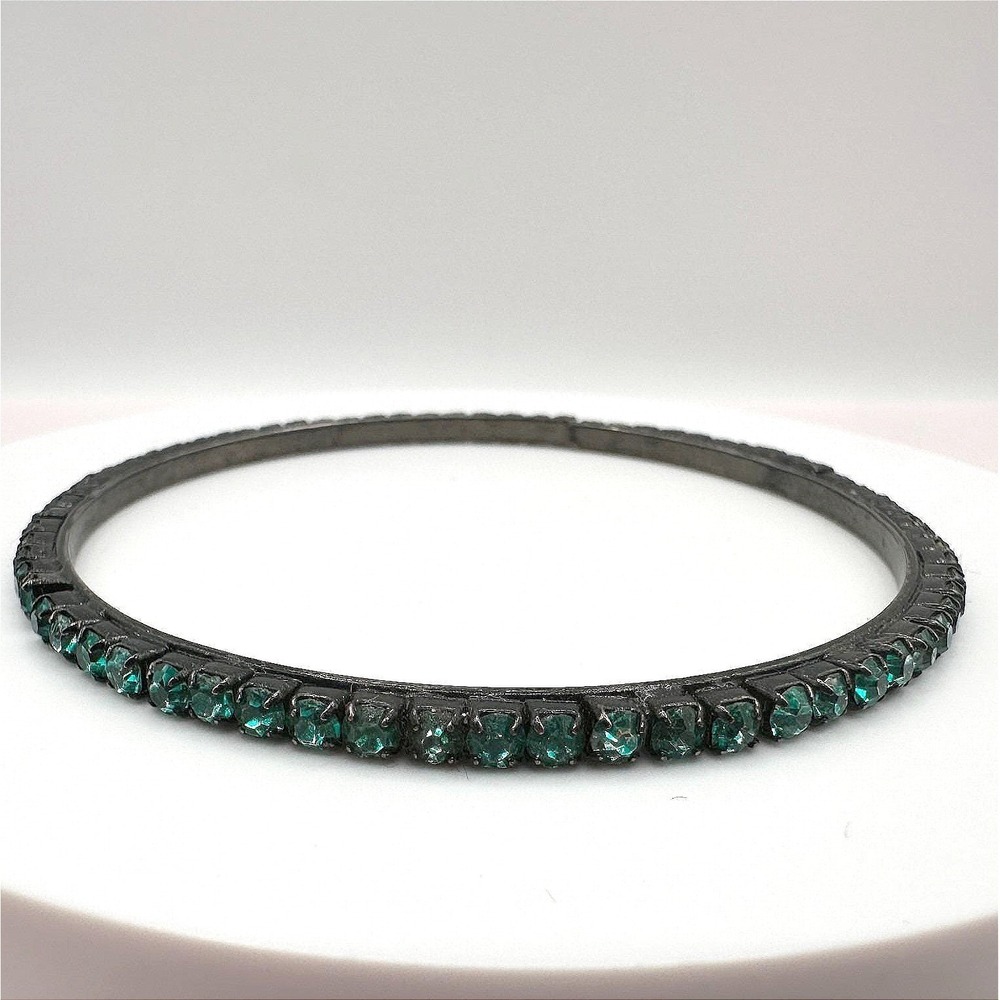 Vintage 80s Green Crystal Rhinestone Bangle Bracelet Dark Metal Style Jewelry‎